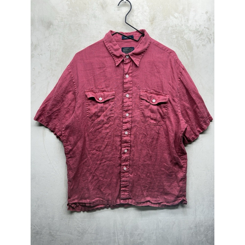 Pendleton Morrison Linen Shirt Mens L Red Pink Mauve Short Sleeve Button Up Camp